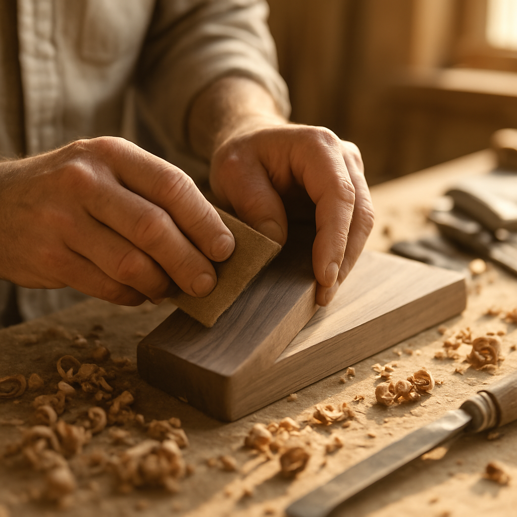 A craftsman shaping a piece of solid walnut furniture in a sunlit workshop