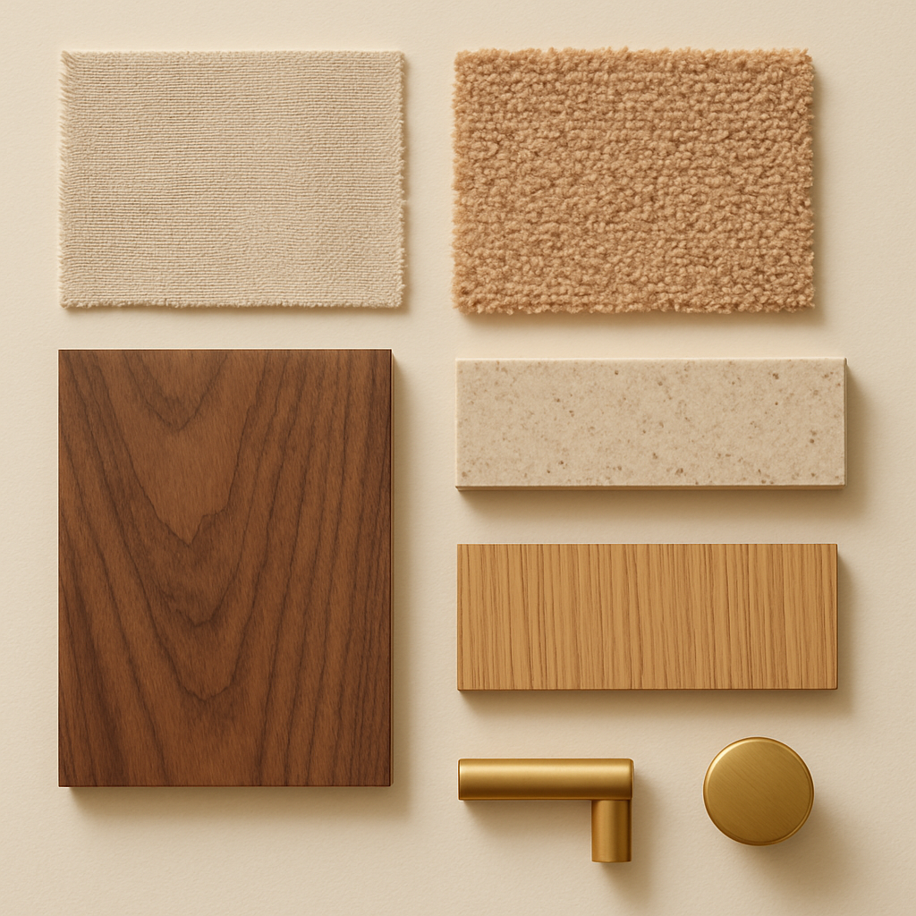 A flat lay of furniture materials: linen and bouclé swatches, walnut and oak wood, and brass hardware